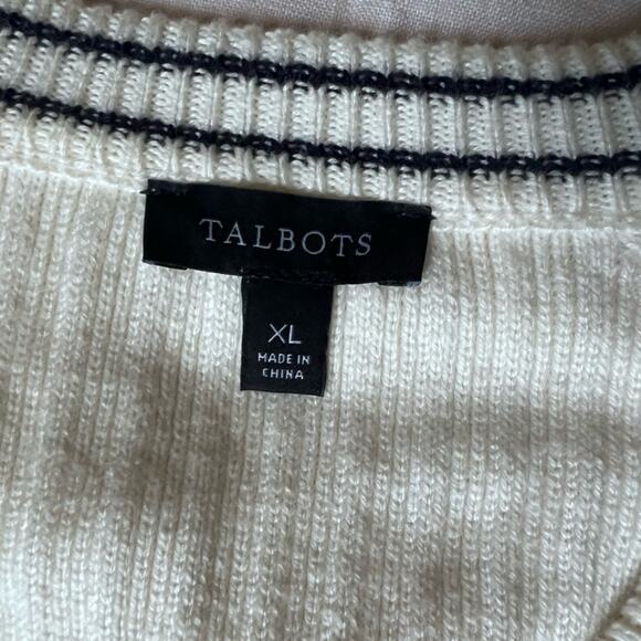 Talbots Cream Navy Trim V Neck Rib Knit Cardigan Sweater Old Money Preppy - XL - Picture 4 of 9